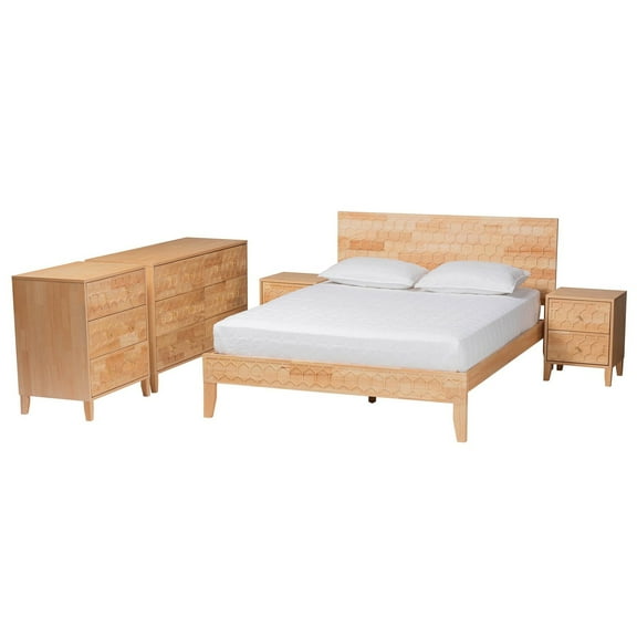 Baxton Studio Hosea Carved Honeycomb Natural Queen Size 5-Piece Bedroom Set