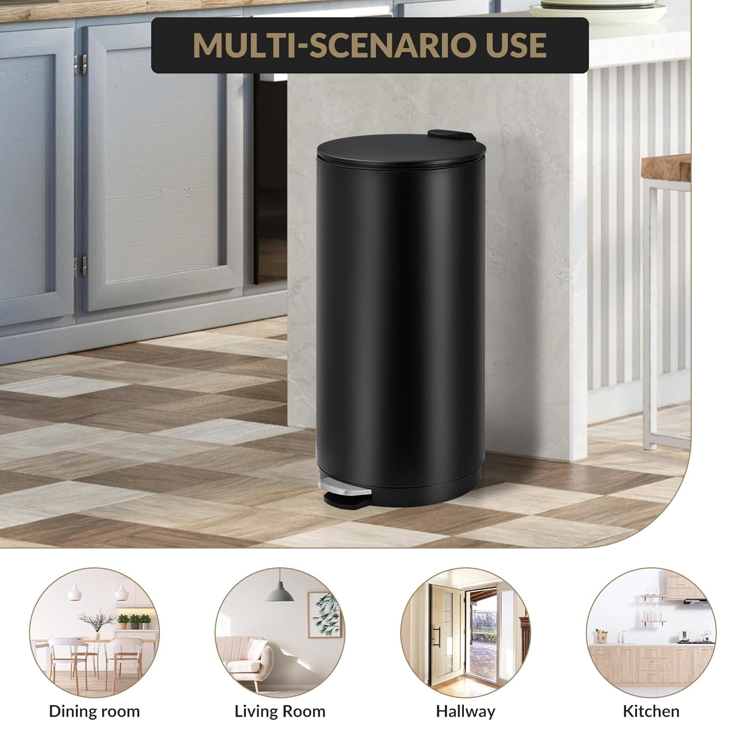 Home Kitchen 8 Gallon (30L) Step Trash Can, Round Bathroom Garbage Can with Lid and Foot Pedal, Kitchen Garbage Bin with Removable Inner Bucket for Home Bedroom Office
