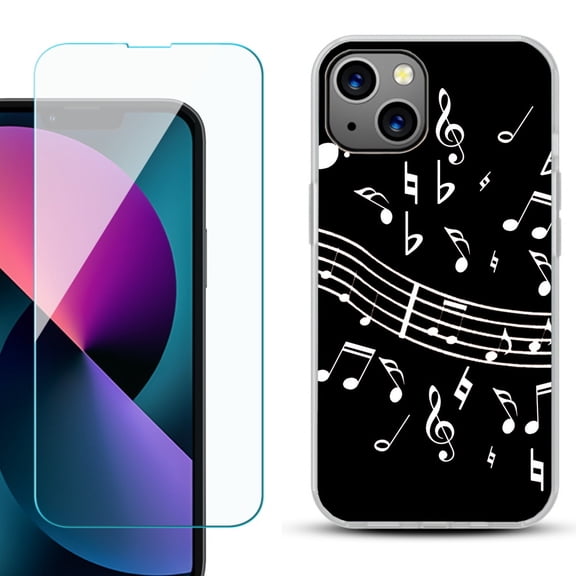 Slim-Fit Gel TPU Phone Case for iPhone 13 Mini, with Tempered Glass Screen Protector, by OneToughShield ยฎ - Music Notes / Black