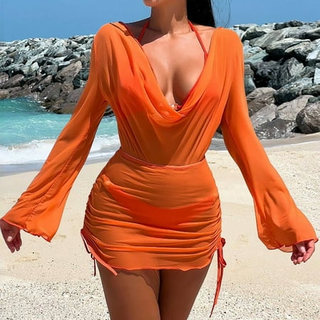 Orange Swim Suits for Women 2025 Womens Bathing Suits Solid Color Strap Bikini Set with Cover Up Dress
