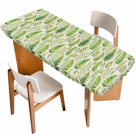 Spring Leavse Table Cloths for 8 Foot Rectangle Tables, Pastoral Garden Botanical Rustic Burlap Patio Waterproof Elastic Fitted Tablecloths, Washable Rectangular Table Cover for Camping