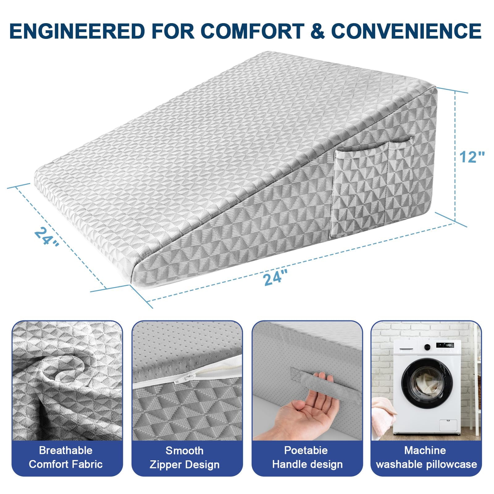 12" Wedge Pillow For Sleeping  Bed After Memory Foam Triangle Incline Support Leg Elevation (light Grey)