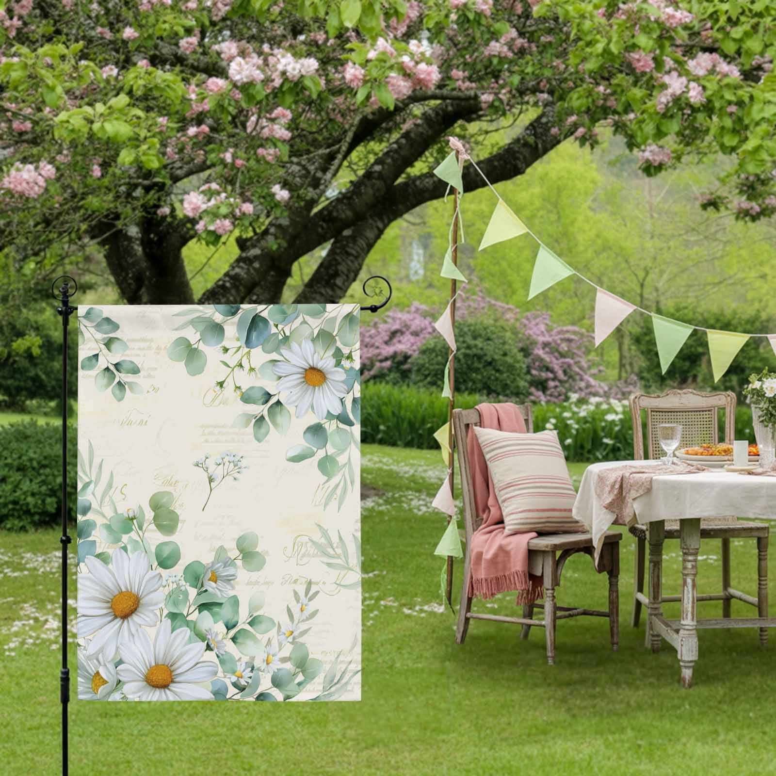 Daisy Eucalyptus Leaves House Flag 28 x 40 Inches, Floral Spring Vintage Countryside Weather Proof Outdoor Patio Flags Double Sided Small House Decoration for Yard Lawn Outside Home