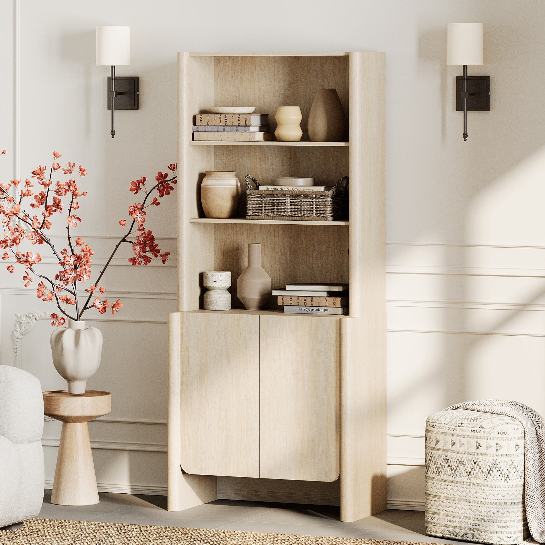 31.5-Inch Modern French Bookcase with Curved Edges, Cabinet Doors and Open Shelves, 72.8" Tall, Beige
