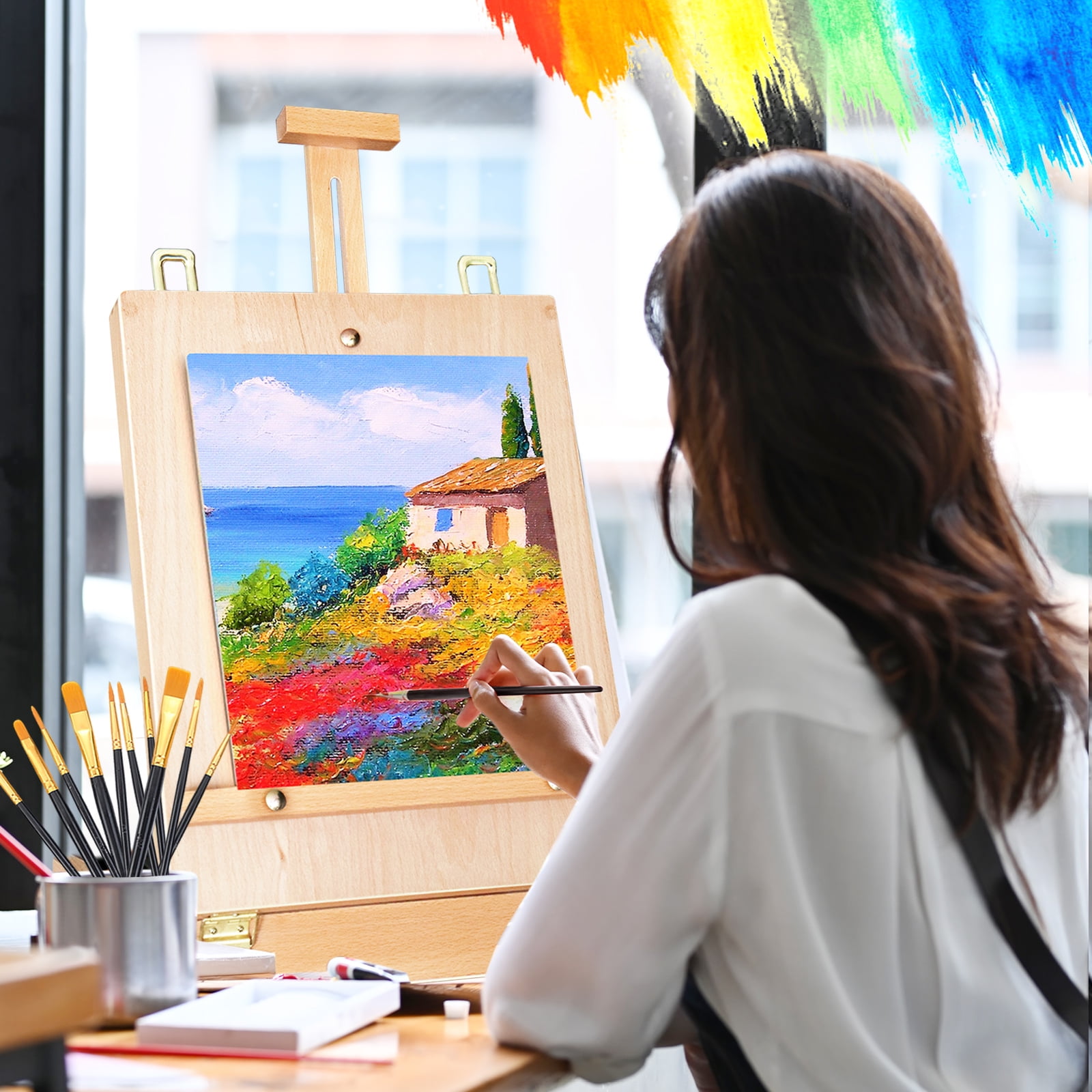 Wooden tabletop art easel box set, 12 Colors Acrylic Paint, scraper, Brushes, Palette, Complete Painting Kit for Kids, Adults, Artists