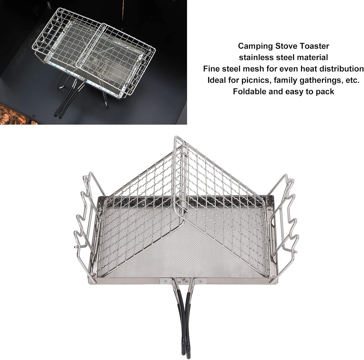 Camping Stove Toaster, Stainless Steel Portable Foldable Stable Structure Gas Toaster for Outdoor Stovetop Camping