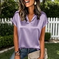thumbnail image 4 of cocolona Summer Satin Blouse for Women V Neck Short Sleeve Silk Tops Dressy Casual Outfits Solid Color Shirts, 4 of 4