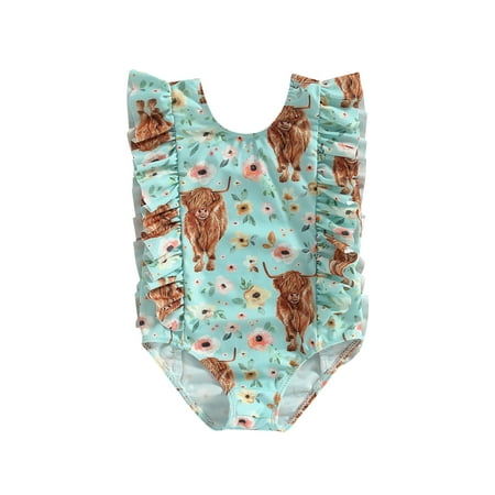 

Meihuid Kids Girls Swimsuit Sleeveless Cow Floral Print Ruffle Bathing Suit