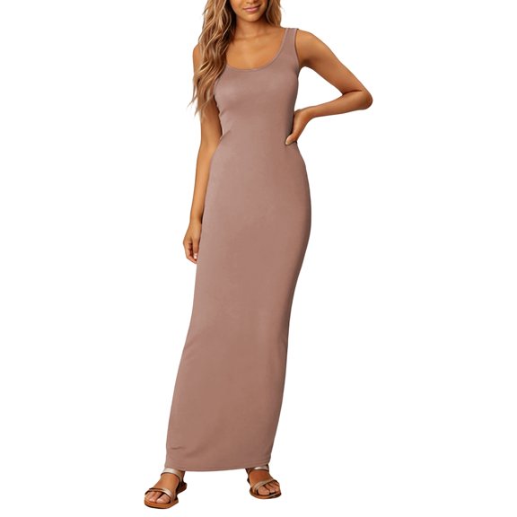 YMNXA Womens Summer Dress Sleeveless Round Neck Solid Color Comfortable Elegant Slim Fit Dresses For Casual Daily Wear,Beige,L