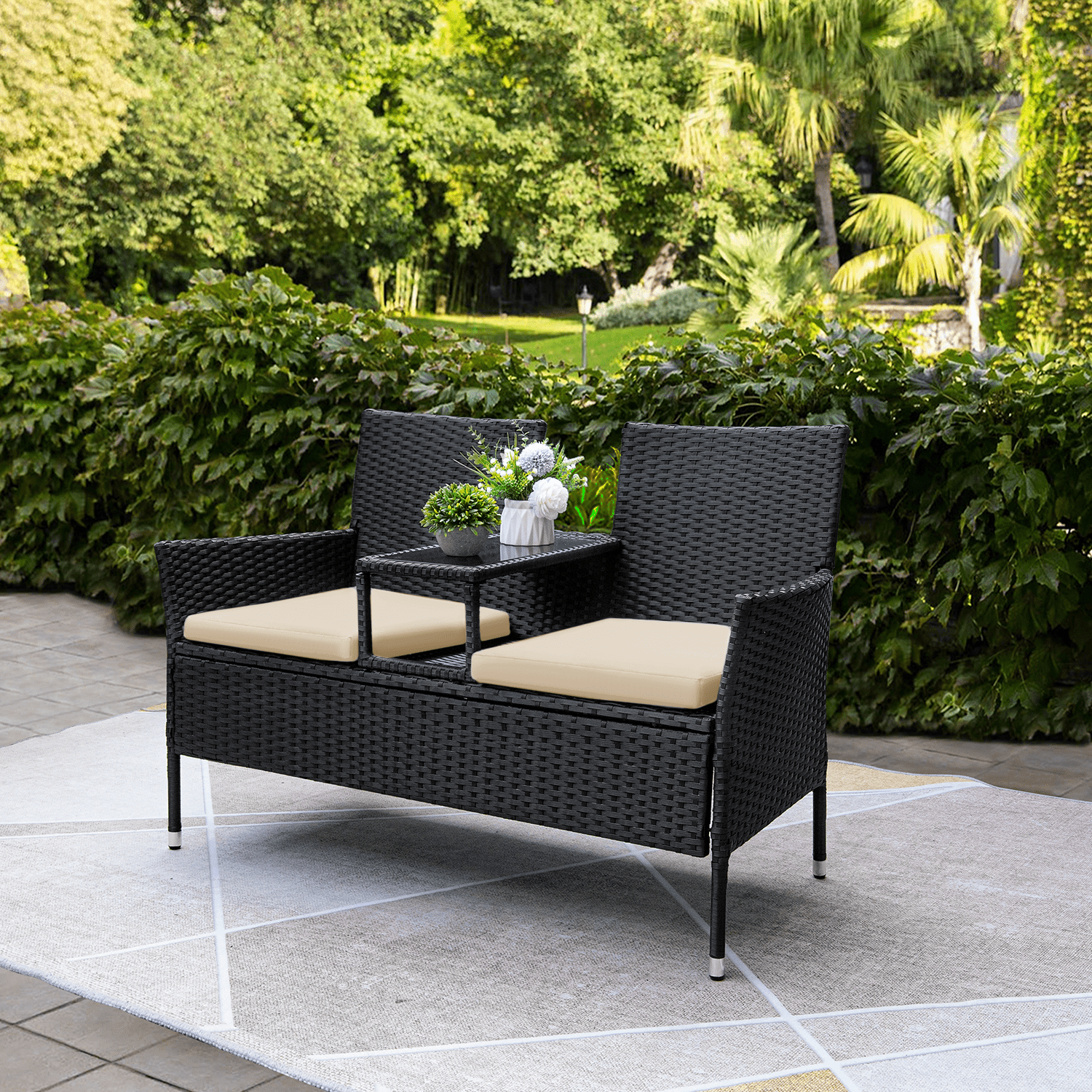 Devoko Outdoor Patio Loveseat Modern Rattan Patio Conversation Furniture Set with Cushions and Built-in Coffee Table Porch Furniture for Garden Lawn Backyard, Beige