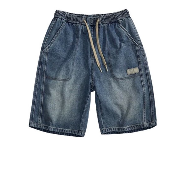 Mens Jeans Casual Elastic Waist Drawstring Straight Leg Denim Shorts Summer Loose Outdoor Streetwear Mens Jorts Blue L