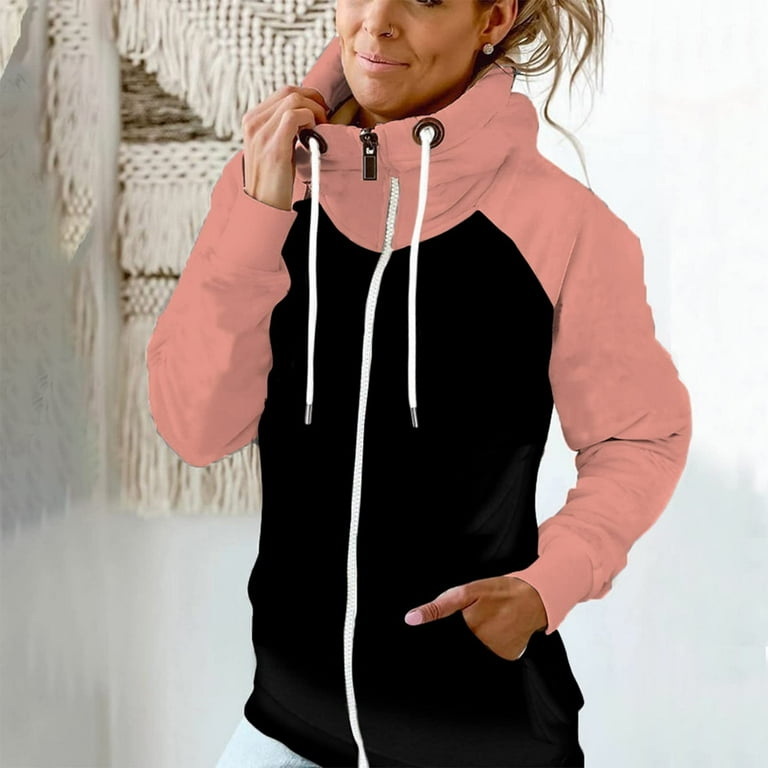 Hfyihgf Women s Cowl Neck Hoodie Thermal Full Zip Long Sleeve Drawstring Hooded Sweatshirts Color Block Loose Fall Tops with Pockets Pink XL