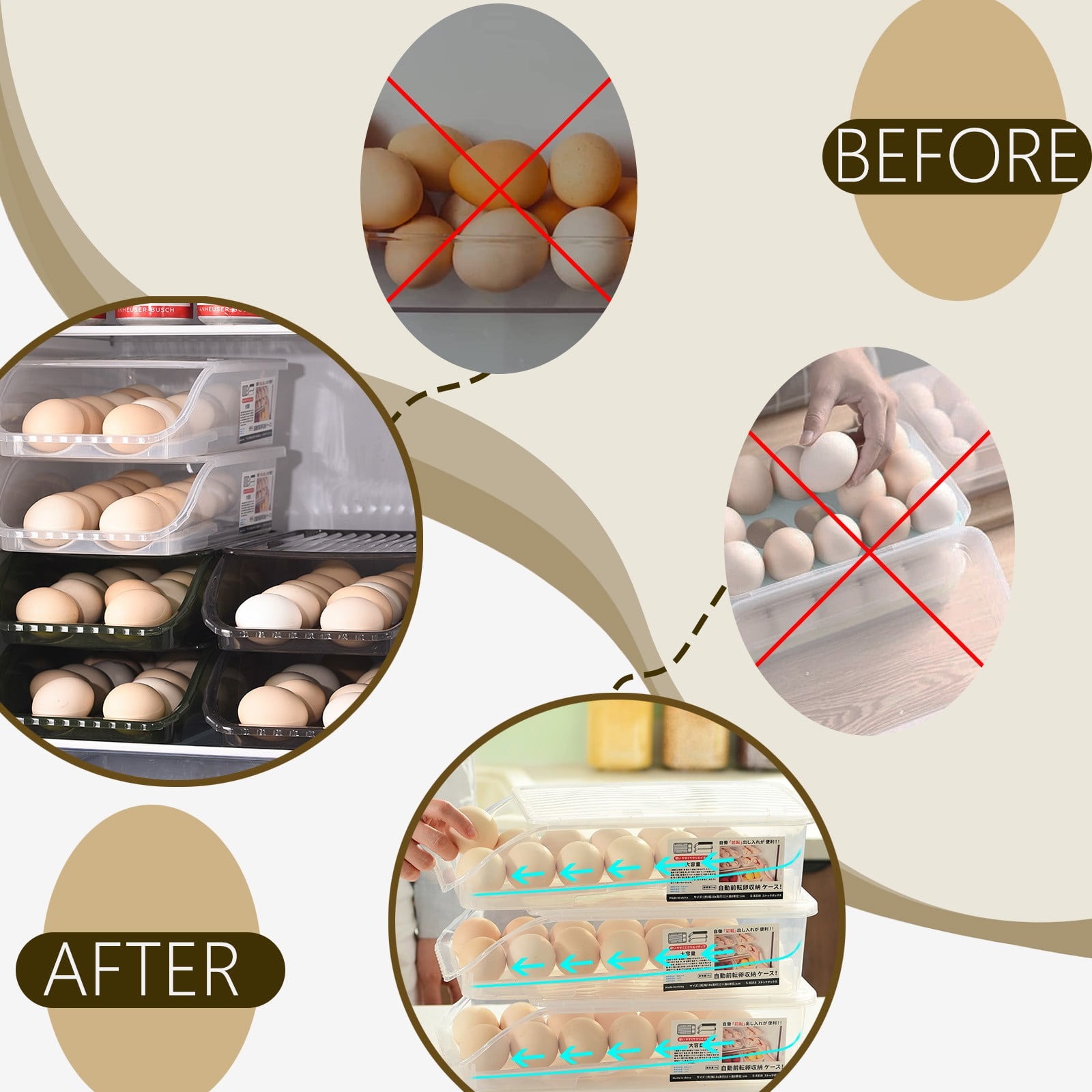 Plastic Storage Bins with Lids - 2-Layer Auto Rolling Egg Organizer for Refrigerator, Clear Stackable Tray Holds 24 Eggs