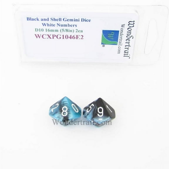 Black and Shell Gemini Dice with White Numbers D10 Aprox 16mm (5/8in) Pack of 2 Wondertrail