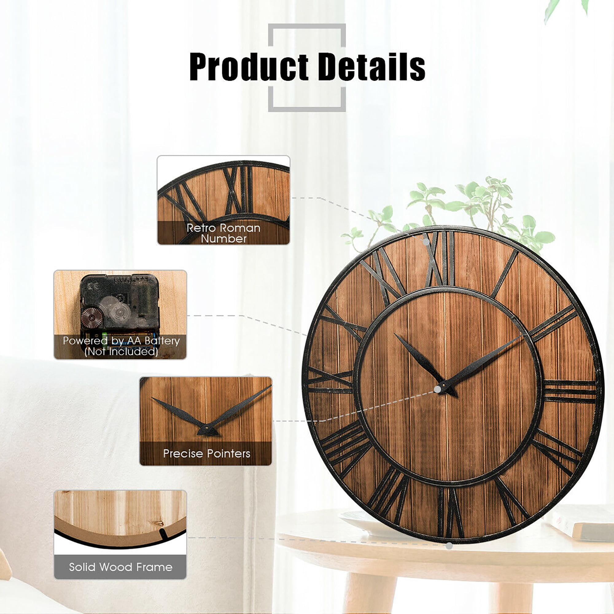 Costway 30'' Round Wall Clock Decorative Wooden Clock Come With Battery
