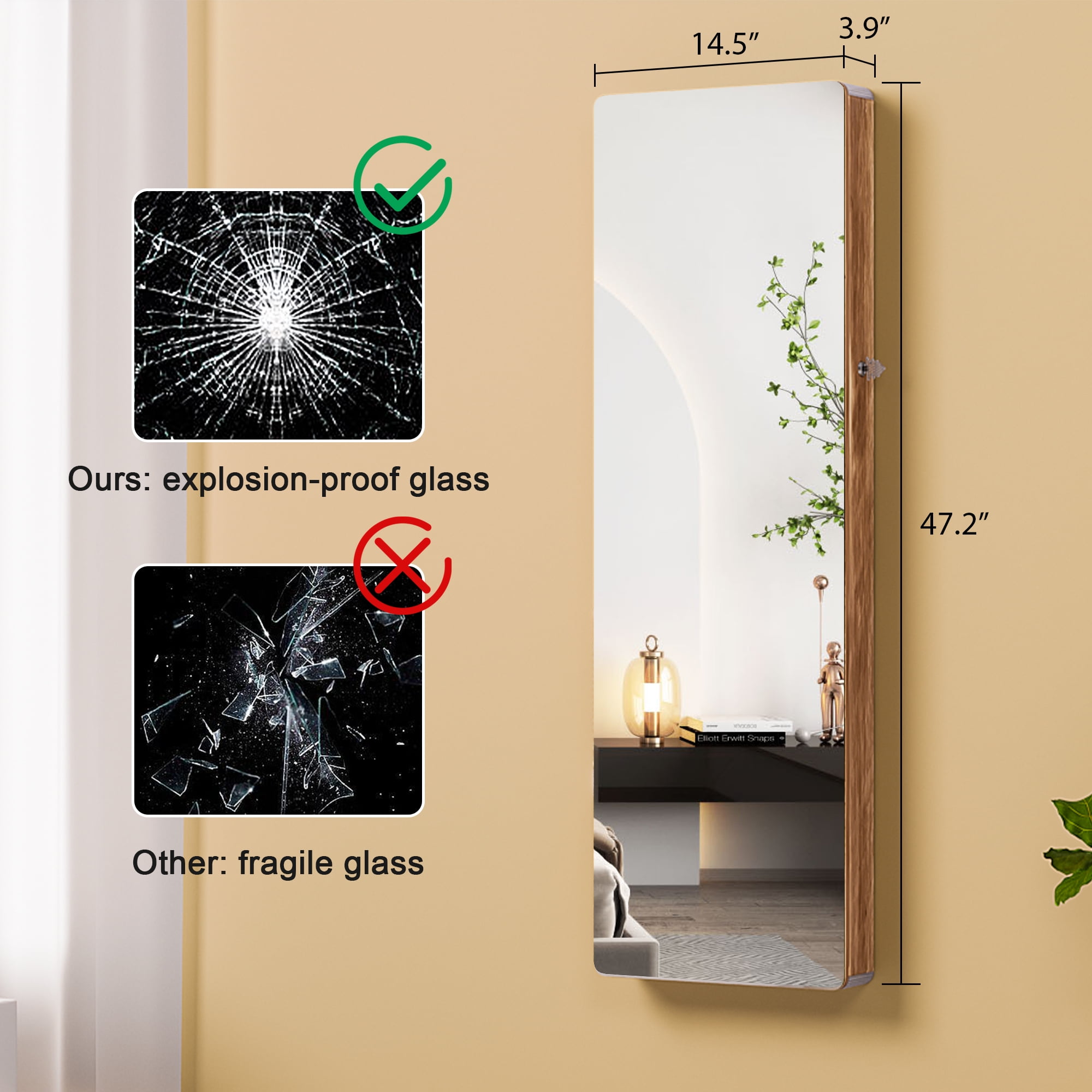 VKCC Extra Long Wall Mounted Jewelry Cabinet, Full Length Mirror Door Hanging Storage Organizer, Tempered Glass Jewelry Box with LED, Wood