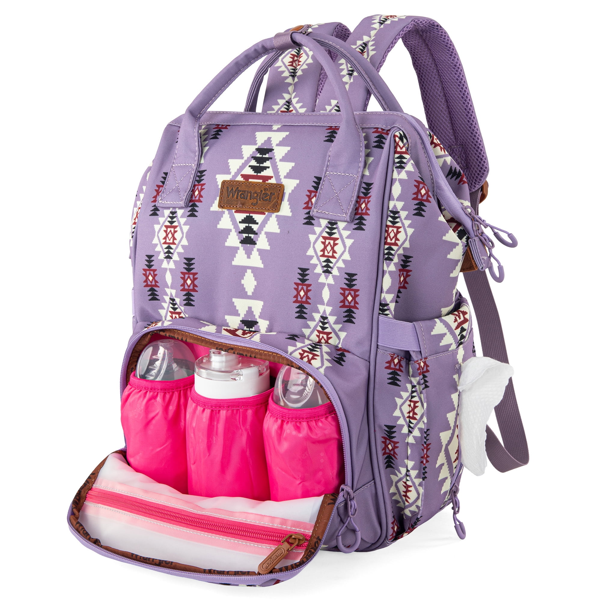 Wrangler Aztec Travel Backpack Baby Bag for Women with Stroller Strap and Side Bottle Pockets Organized Diaper Bag, Lavender
