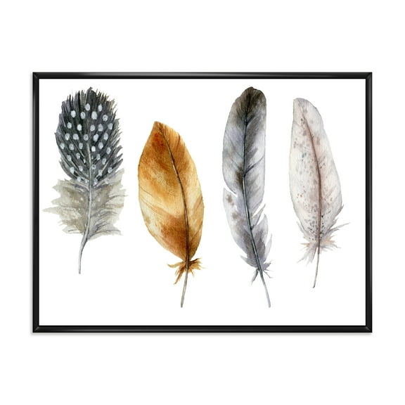 Designart 'Boho Feather In Blue and Orange Striped & Polka Dost' Bohemian & Eclectic Framed Canvas Wall Art Print