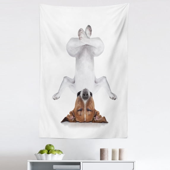 Funny Tapestry, Dog Upside down Relaxing Closed Eyes Meditating Calm Therapy Humor Animal Print, Fabric Wall Hanging Decor for Bedroom Living Room Dorm, 5 Sizes, White Brown, by Ambesonne