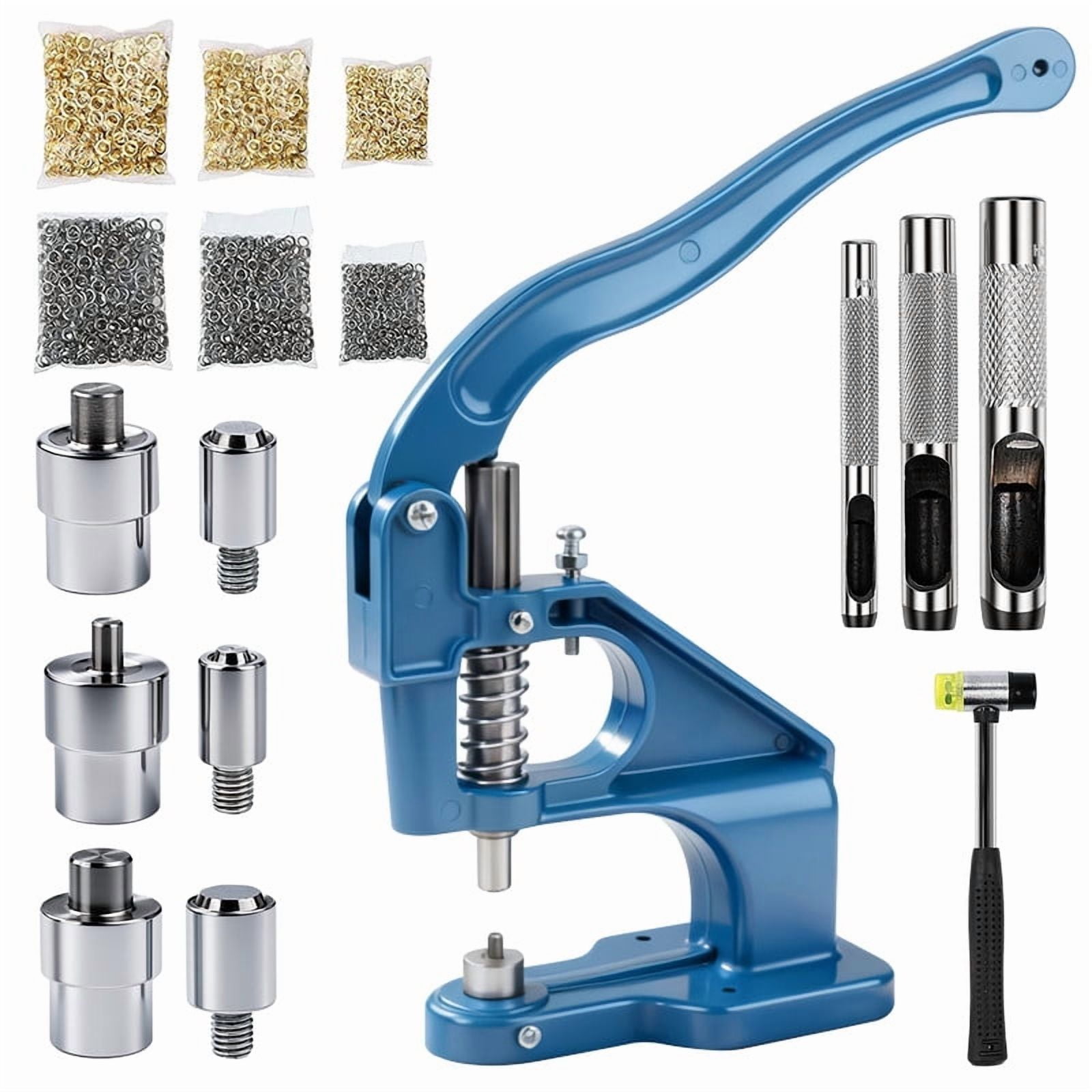 Heavy-duty Punching Machine Kit, Hand-pressed Punching Rivet Setting Tool, For Fabrics, Leather, Banners And DIY Projects, 3 Molds (6mm, 10mm, 12mm) And 3000 Gold And Silver Sealing Rings (Blue)