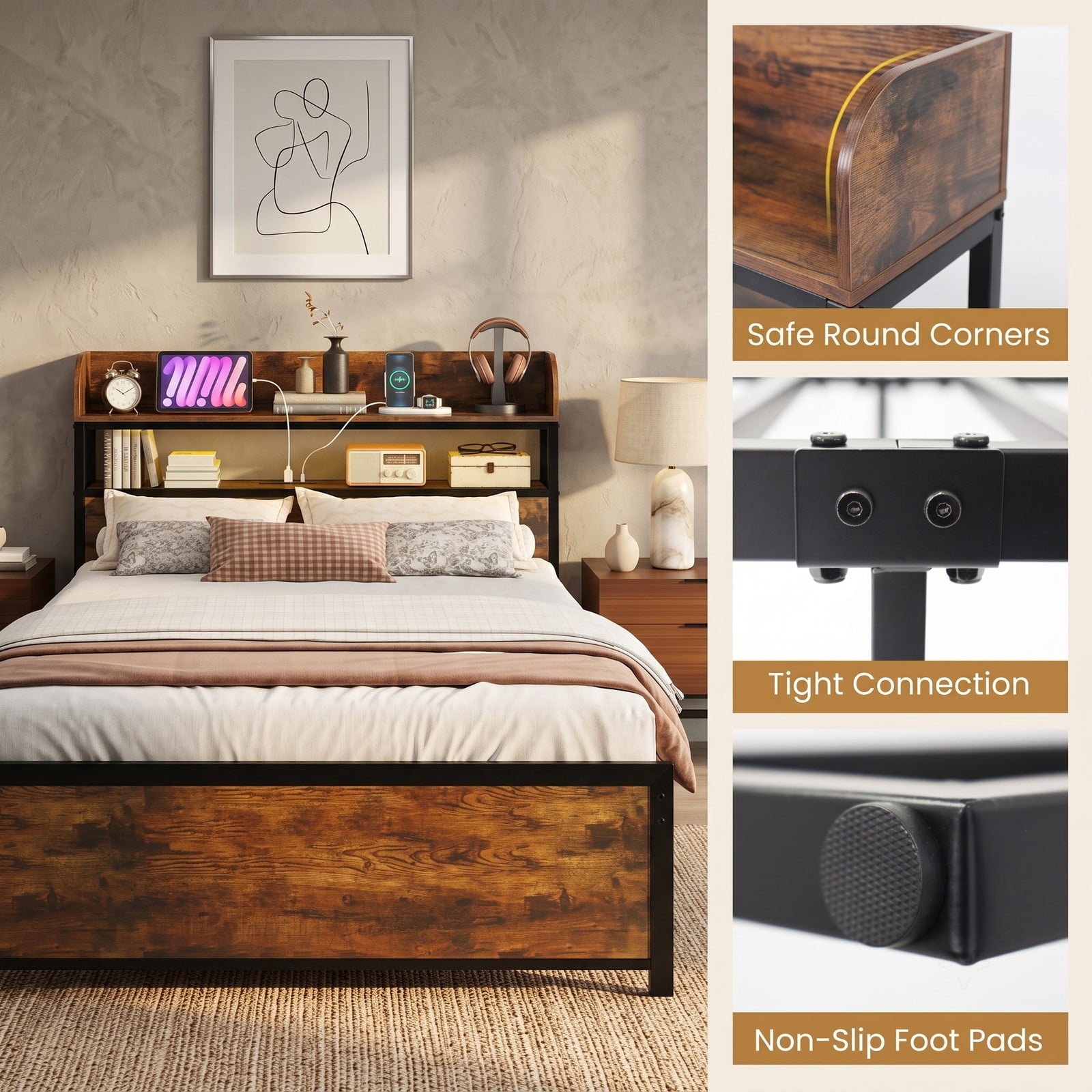 Furnibear Full Size Bed Frame with Storage Headboard, LED Platform Bed Frame with Power Outlets and USB Ports, Rustic Brown