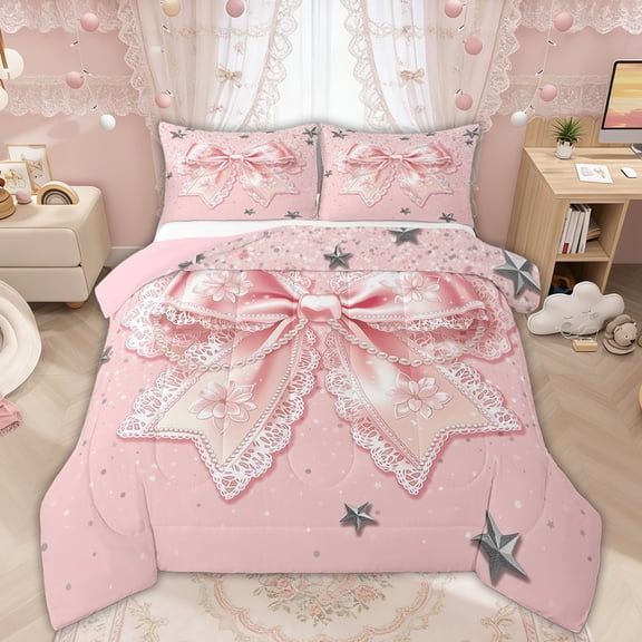 Manfei Pink Princess Bow Full Size Comforter Sets, Cute Glitter Print Bedding Sets for Girls Women, Pink Reversible, 3pcs