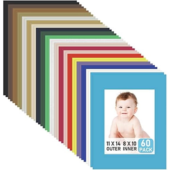 60 Pack Picture Mats 11 x 14 Inch Frame Mattes Matting with Acid Free Pre Cut Mattes White Core Bevel Cut Mats for 8 x 10 Pictures for Home Gallery Wall Hanging Art Decoration (Mixed Colors)