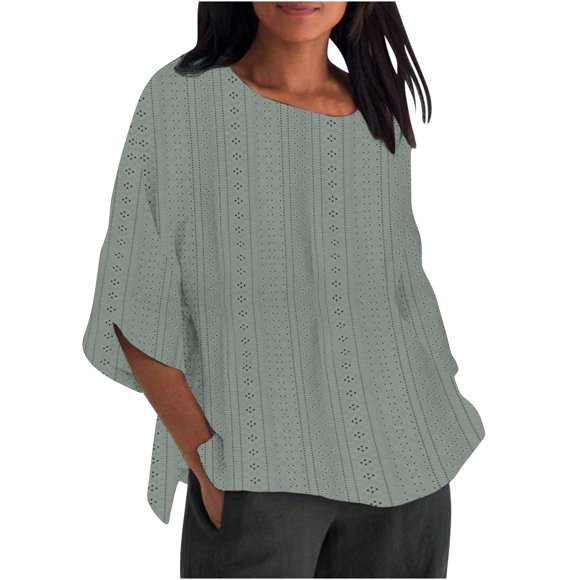 Kaemgyyd Plus Size Tops for Women Spring Hollow out Crew Neck Flowy Shirt Causal 3/4 Sleeve Side Slit Loose Fit Blouse