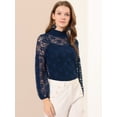 thumbnail image 3 of Blusas de manga larga de encaje para mujer Allegra K florales elegantes con cuello con volantes Azul Marino XS, 3 of 4