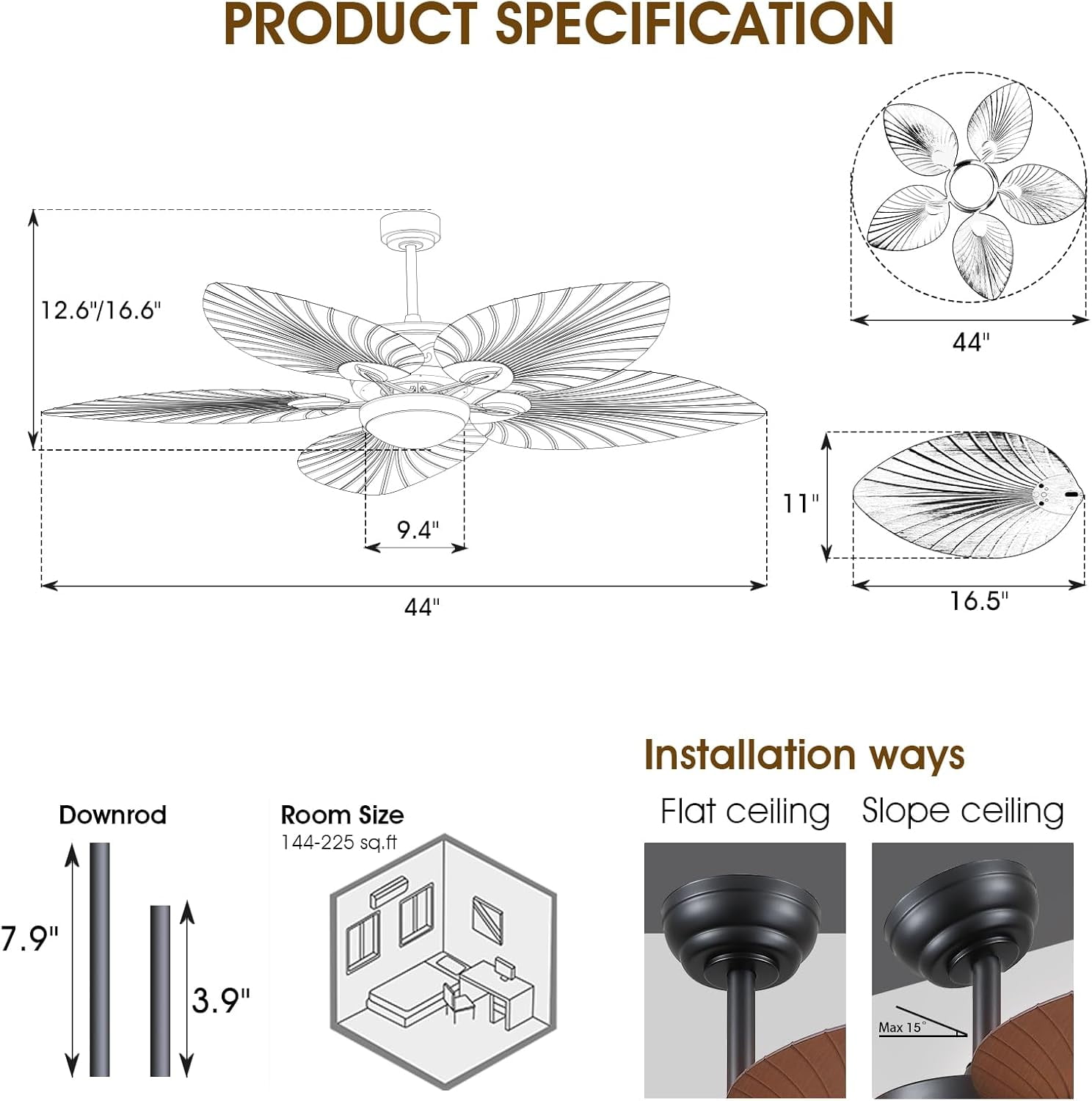 Phorus 44″ Tropical Palm Leaf Ceiling Fan with LED Light, Quiet Reversible DC Motor, Remote & App Control, Dimmable – Indoor & Covered Outdoor Patio