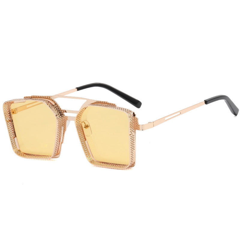 Mens Sunglasses Metal Hollow Square Frame Trendy Double Beam Design for Outdoor Sports Fishing Travel Driving Stage