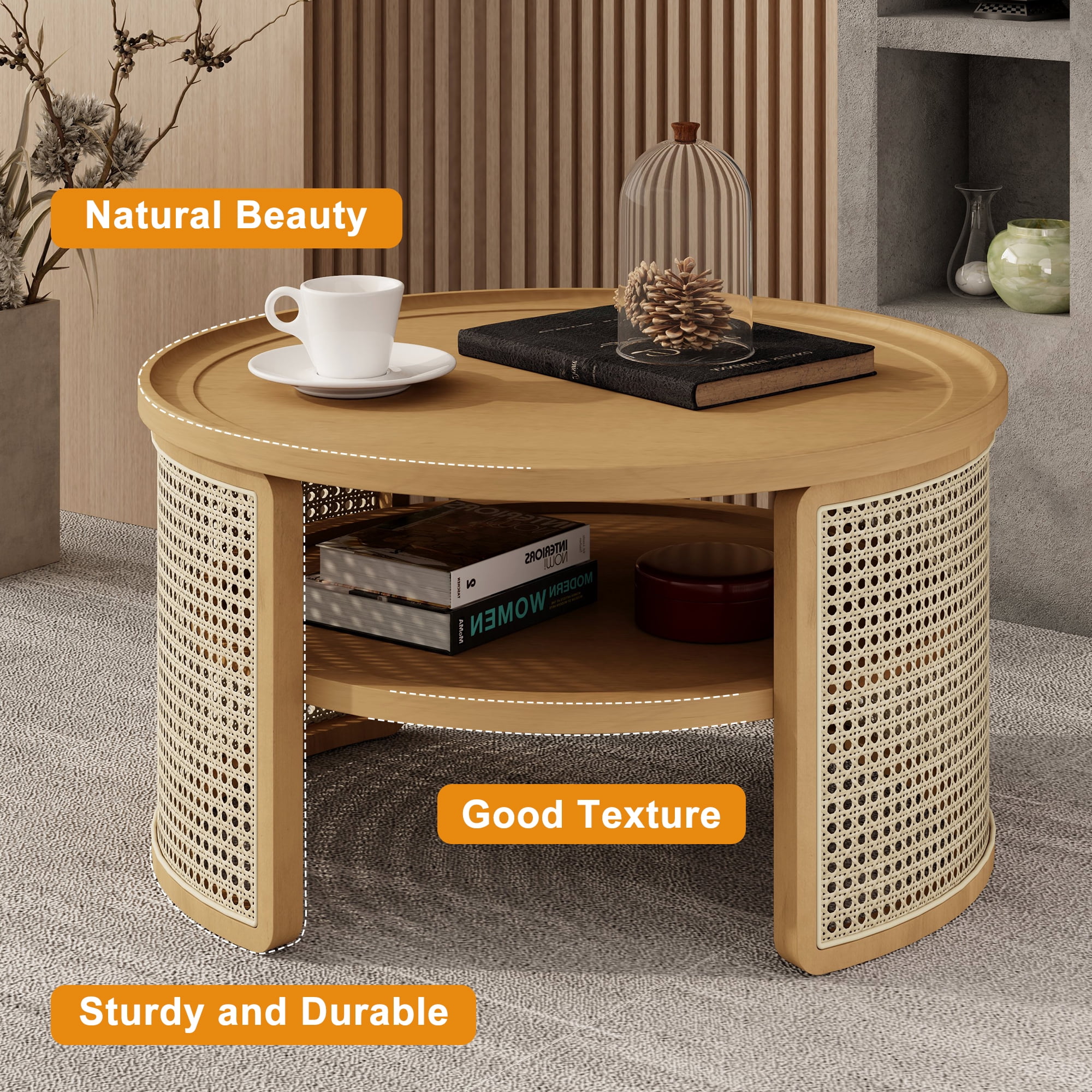 Euroco 2-Tiered Round Natural Wood Coffee Table with Storage Rattan Base in 31.3''