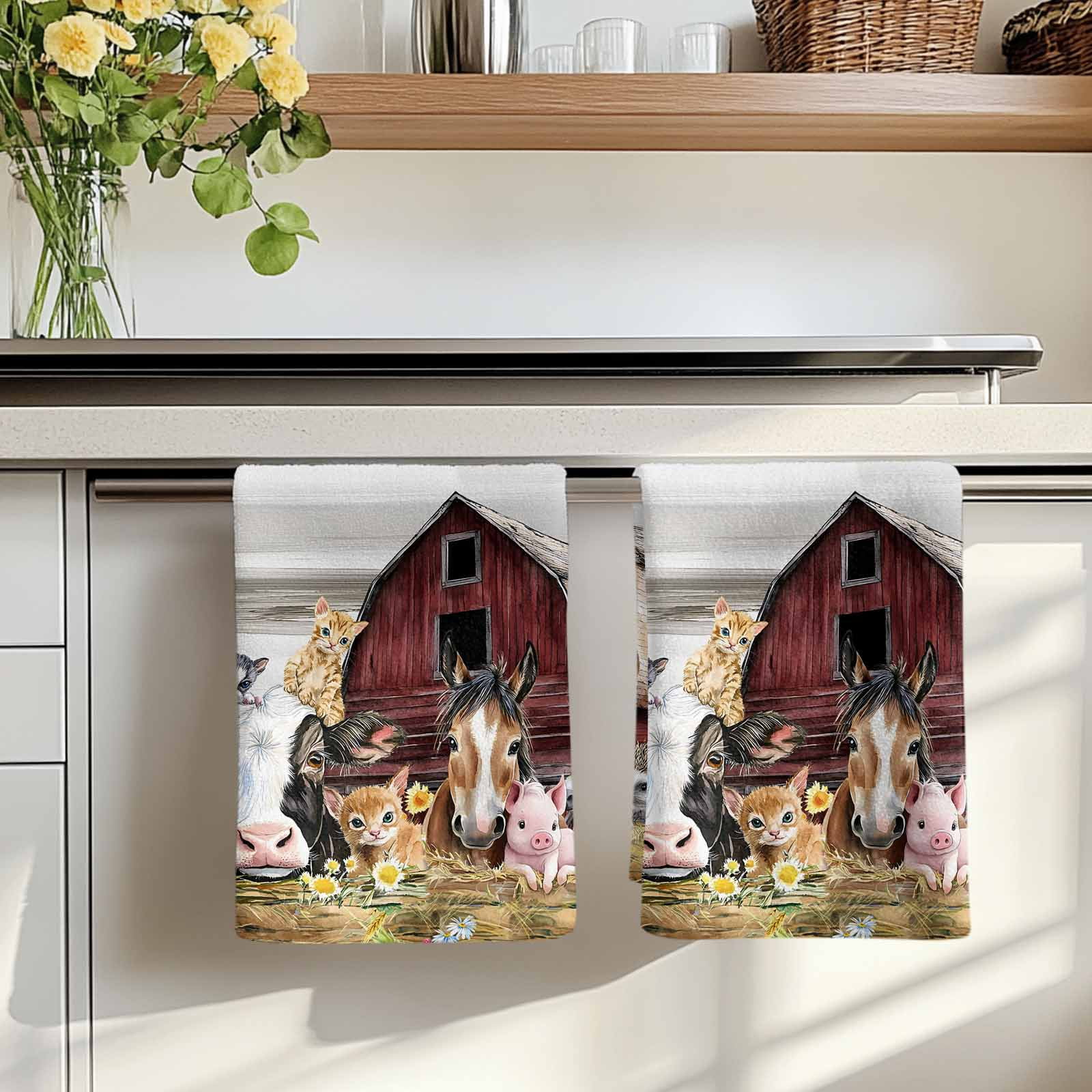 Dish Towels, Farm Animal Absorbent Kitchen Towels 2 PCS, Barn Horse Pig Cow Microfiber Hand Towels Dish Cloths Tea Towels for Home&nbsp;Bathroom Cleaning Drying,18X28-Inch,