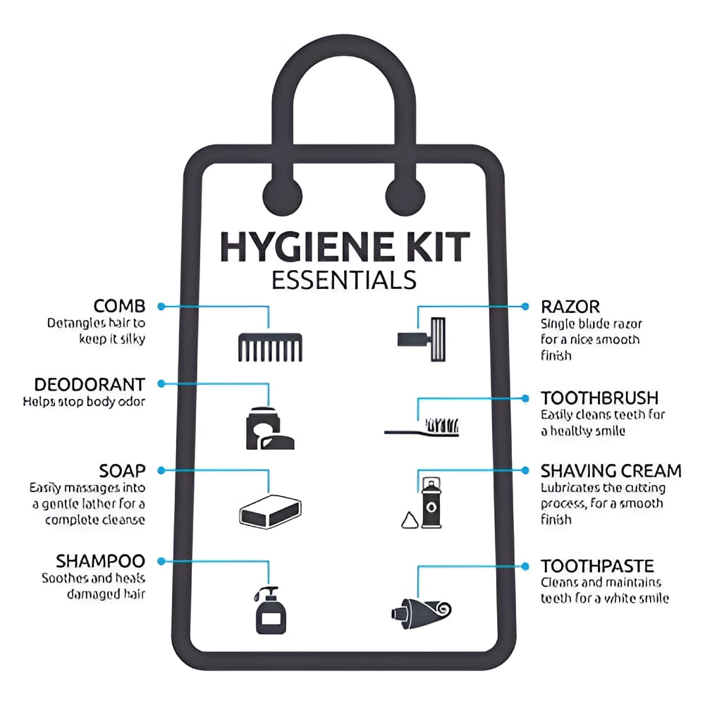 24 Kits - Bulk Case of Wholesale Deluxe 15 Piece Hygiene & Toiletry Kit for Men, Women, Travel, Charity