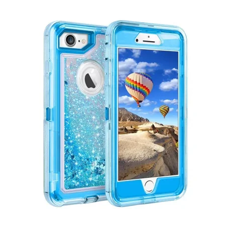 Entronix Liquid Glitter Case for iPhone 8/7, Heavy Duty Sparkly Quicksand Cover, Blue