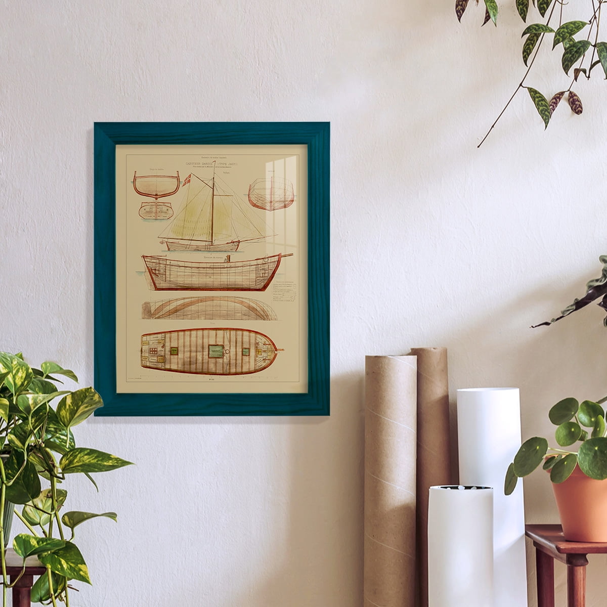 Antique Ship Plan III -Framed Print w/glass-Ocean Blue