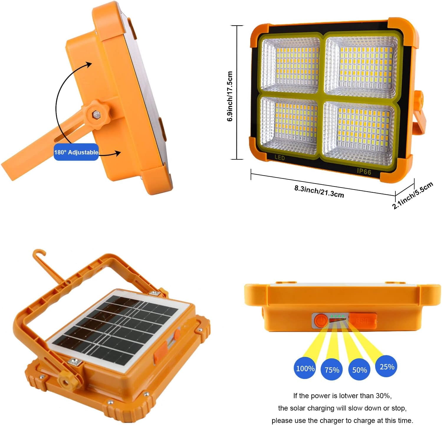 100W rechargeable LED floodlight, 10000lm portable work light with solar panel, 5 modes of outdoor light, used for camping, construction sites, garages, workshops