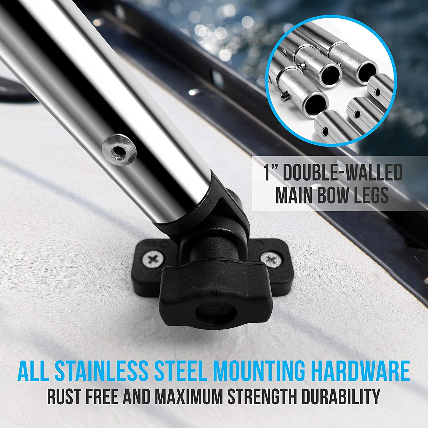 SereneLife 3 Bow Bimini Top - 2 Straps and 2 Rear Support Poles with Marine-Grade 600D Polyester Canvas (Gray)