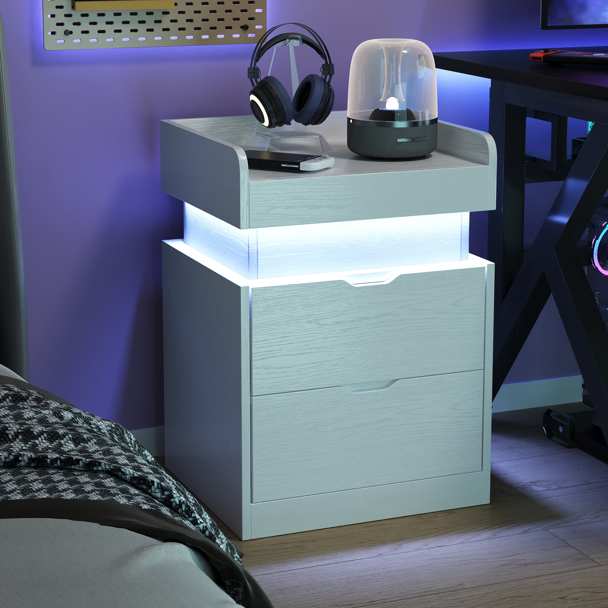 NEGYLIM Nightstand for Bedroom with 3 Drawers, Bedside Tables with Charging Station & LED Lights, Side Tables with 2 Wooden Drawers & a Sliding Top, Modern Style, for Living Room, Office, White