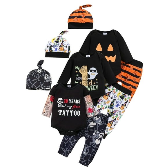 WIBACKER Newborn Baby Boy Halloween Outfits Infant Tattoo Romper Skull Pants Hat Set 0-18 Months