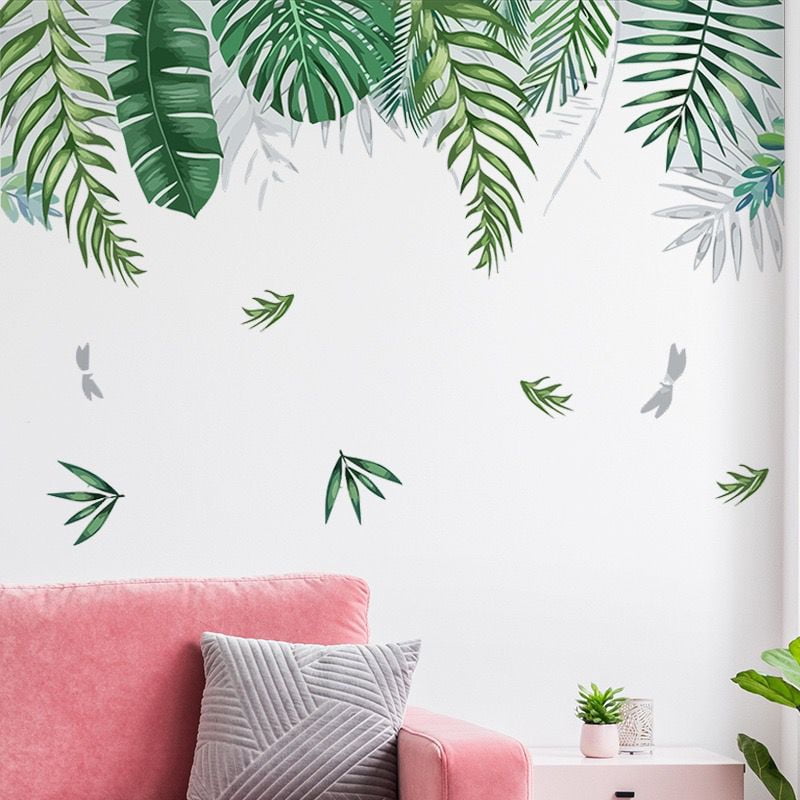 Green Tropical Palm Tree Leaves Wall Stickers, KALYLOC Waterproof Tropical Green Leaf Plants Wall Decal, Peel and Stick Nature Jungle Wall Decor for Living Room Bedroom Door Decoration
