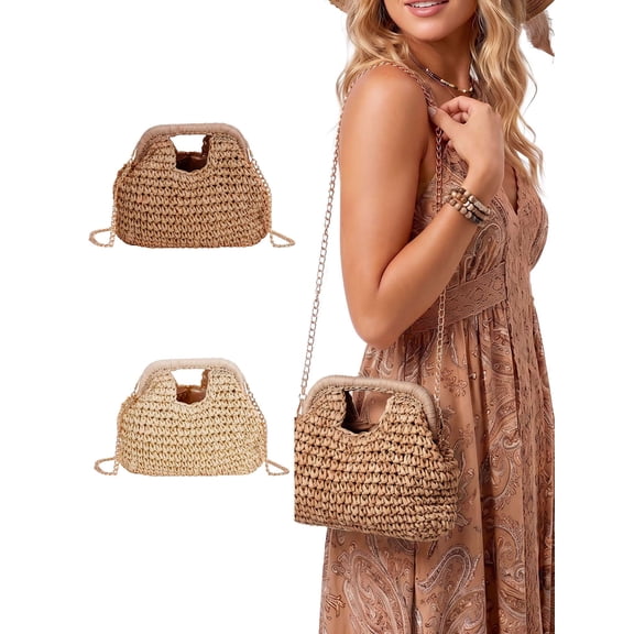LAVA Straw Handbags Purses Chain Crossbody Pocketbook Bag Casual Woven Beach Bags for Beach, Travel & Casual Outfits (Khaki)