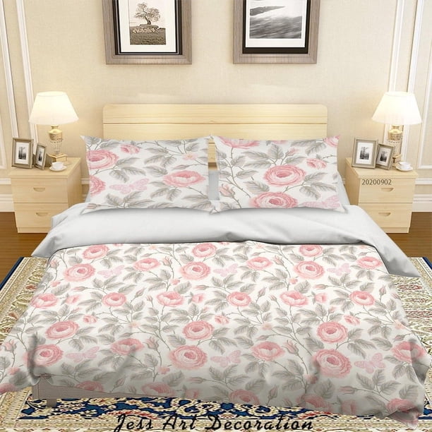 3D Rosas Rosas Flores Hojas Patrón Funda de edredón Set Ropa de Cama Set Funda Nórdica