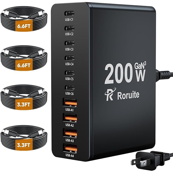 wonima44 USB C Charging Station 10 Port with 4 USB Cables, 200W GaN Type C Charger Block, Wall Charger Power Strip Adapter Plug for iPad iPhone17 16 15 14 13 12 Pro Max Pixel Note Galaxy