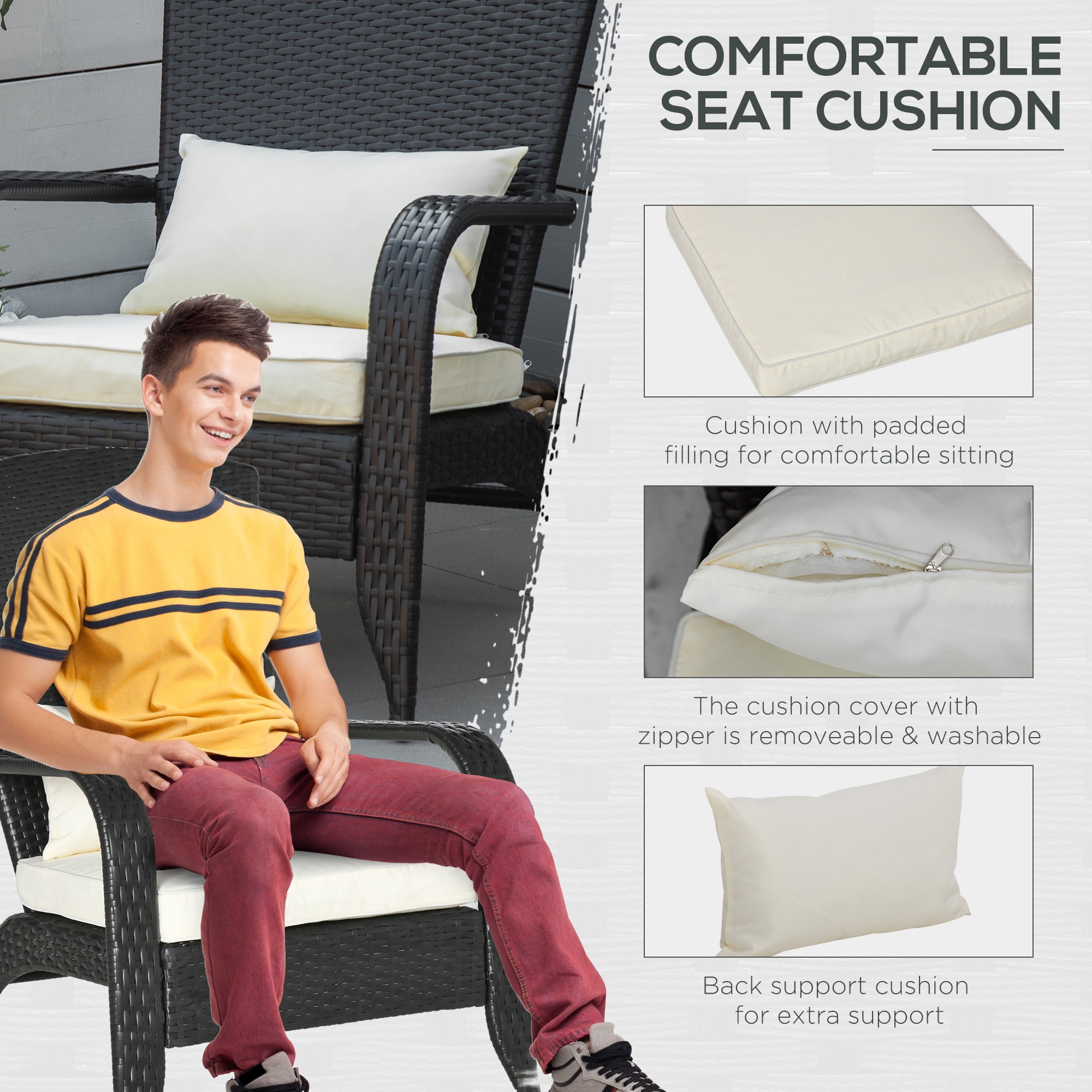 Outsunny Patio Wicker Adirondack Chair, Outdoor All-Weather Rattan Fire Pit Chairs w/ Soft Cushions, Tall Curved Backrest, and Comfortable Armrest for Deck or Garden, Cream White