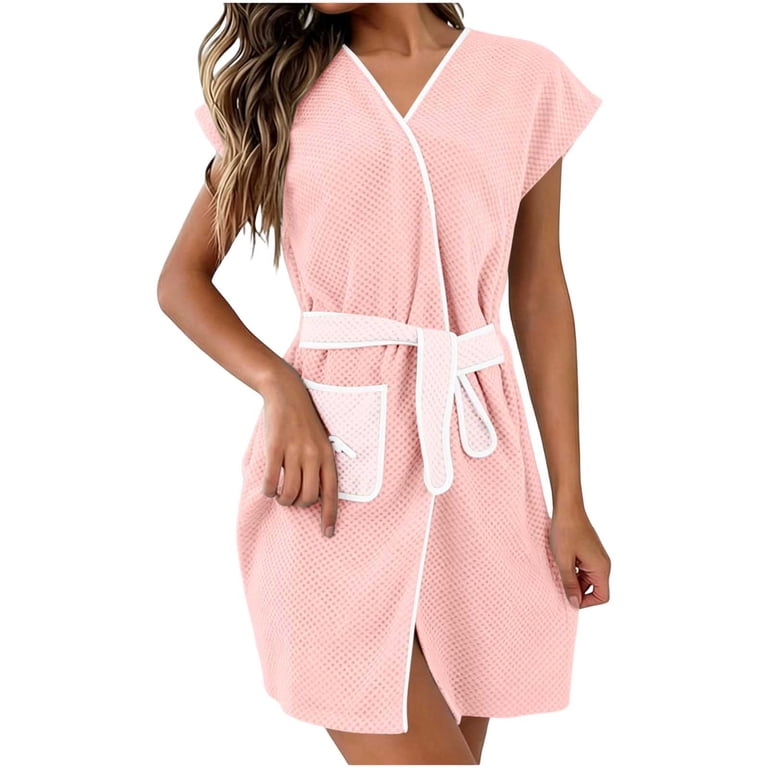 short dressing gowns for ladies Naittoop Womens Home Cloth Bathrobe Short Sleeve Belted Spa Hotel Dressing  Gown Absorbent Quick-Dry Robes with Pockets