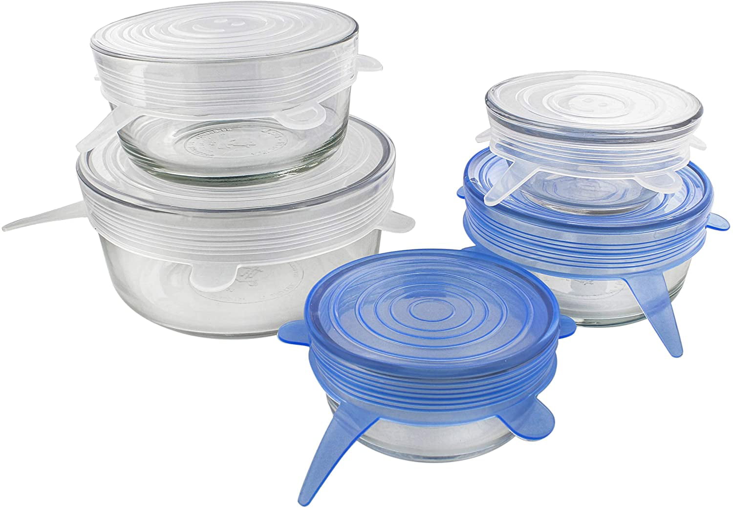Silicone Bowl Lids Blue Set of 5 Reusable Suction Seal Covers for Bowls,  Pots, Cups. Food Safe. Natural grip, interlocking handles for easy use and