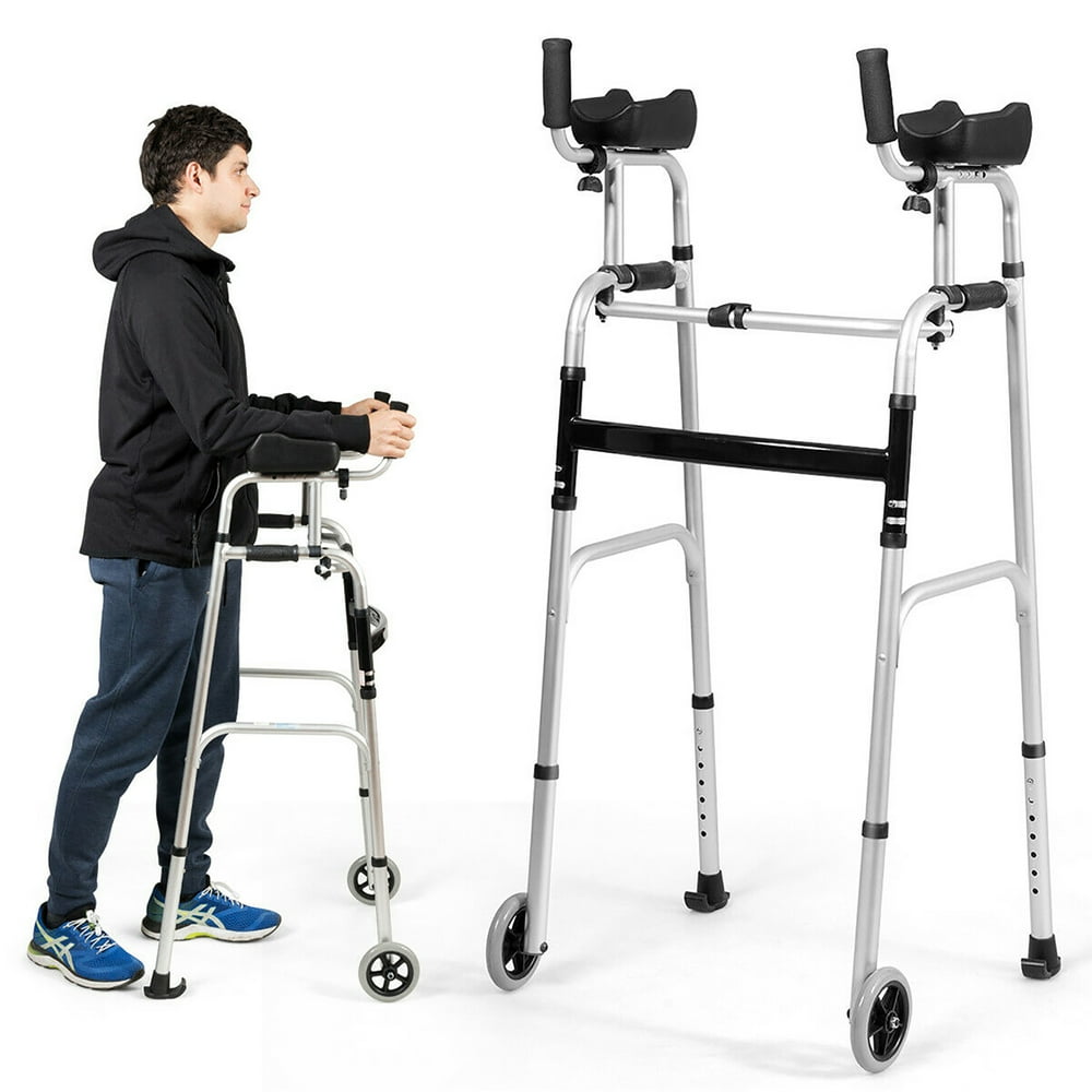 Costway Folding Wheel Walking Frame Adjustable Alloy Walker W/Armrest Support