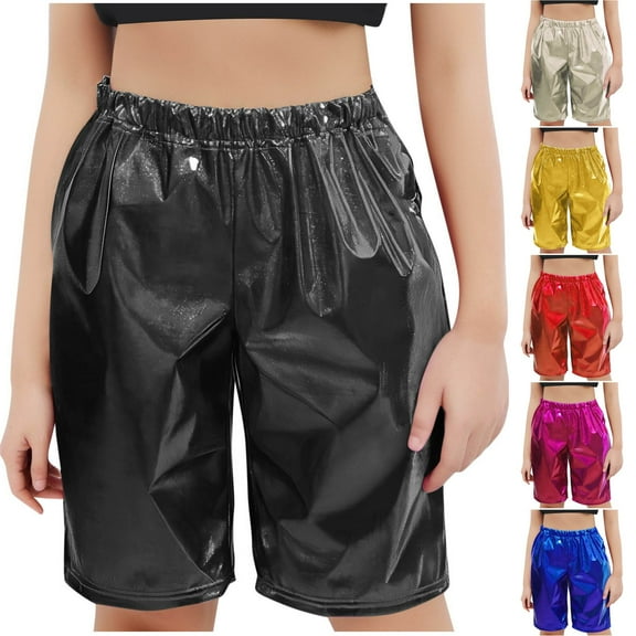 STETMN Kids Girls Metallic Shorts High Waist Summer Short Knee Length Casual Club Shorts for 3-16Y