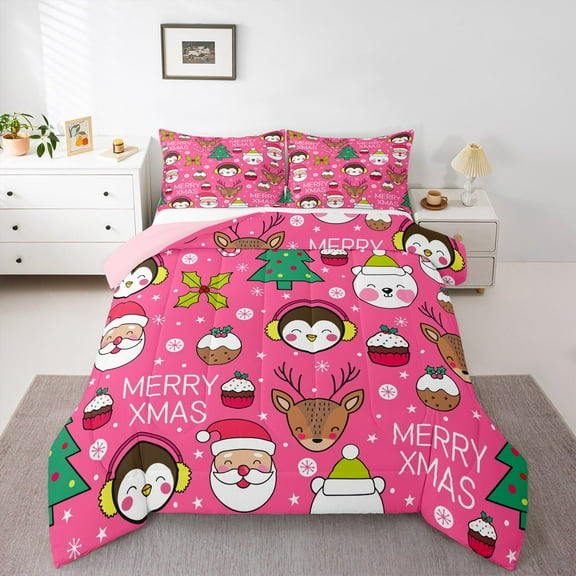 Manfei Merry Christmas Bedding Comforter Set,Cute Santa Claus Twin Comforter Sets,Xmas Dessert Cake Bedding Set For Girls,Ultra Soft Home Decor Reversible,2pcs